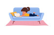 Little girl lies on the sofa at home and reads a book. Cartoon character in flat style