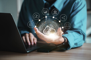 Mobile man shown with cloud computing diagram in hand. cloud technology data storage network and internet service concept