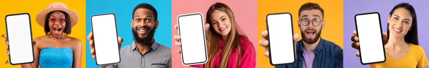 Wall Mural - set of multiracial millennial people posing with mobile phones, mockup