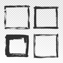 Brush Strokes Frame. Black Grunge Square Borders, Paint Brushes Photo Frames And Hand Drawn Antique Edges Texture Isolated Vector Set