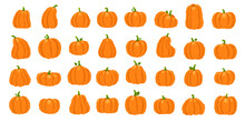 Cartoon Orange Pumpkin. Halloween October Holiday Decorative Pumpkins. Yellow Gourd, Healthy Squash Vegetable Vector Illustration Set