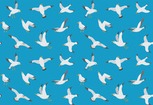 Seagulls Seamless Pattern. Cartoon Gull Flying Over Sea. Marine Vector Endless Texture