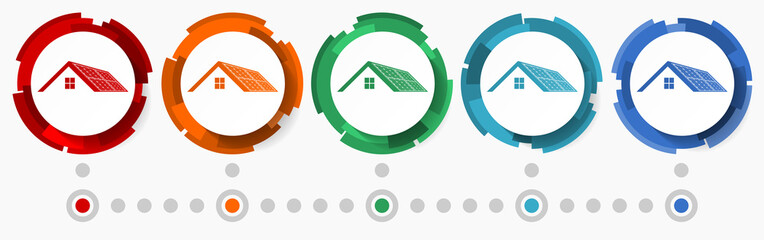 Fototapete - Solar panels on roof of a house, clean energy, power concept vector icon set, flat design pointers, infographic template
