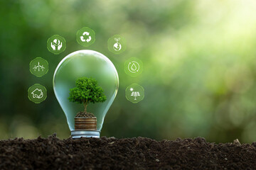 Environmental protection, renewable, sustainable energy sources. Plant growing in the bulb with there are environmental icons all around.Energy-saving and environmental concepts on Earth Day