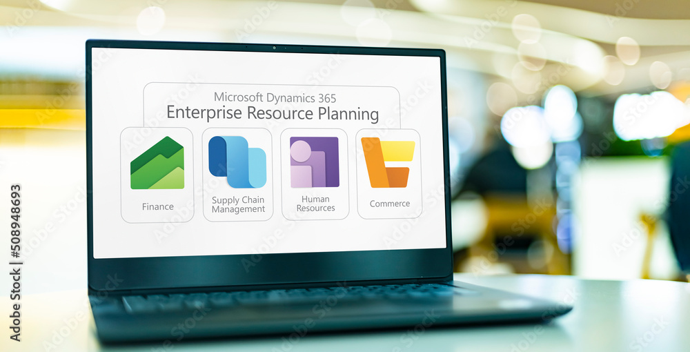 Laptop displaying icons of Microsoft Dynamics 365 ERP software Stock ...