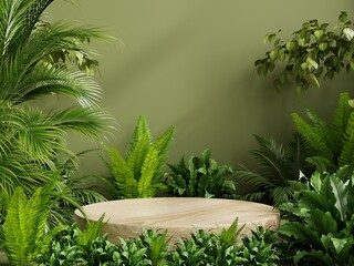 Wall Mural - Circle wood pedestal in tropical forest for product presentation and green wall.