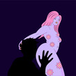 Seduction, fornication, lust, sin concept. Black devil, Satan licks the body of a naked girl. Sexual games. Vector illustration, oral sex. Woman with pink hairs, flower on the body in dark night