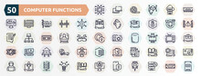 Computer Functions Outline Icons Set. Thin Line Icons Such As Nanotech, Rom, Nanotechnology, Digital Campaign, Hologram, Streaming, Domotics, Diagtic Tool, Missile, Vpn Icon.