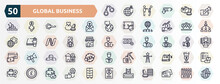 Global Business Outline Icons Set. Thin Line Icons Such As Handcuffs, Video Marketing, Null, Viral, Businesswoman, Investors, Gold Ingots, Shortcut, Pound Sterling, Judge Chair Icon.