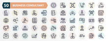 Business Consultant Outline Icons Set. Thin Line Icons Such As Dollar Coin, Wage, Mobile Payment, Spreading, Personal Profile, Reduction, Pin Code, Apology, Convert, Online Support Icon.
