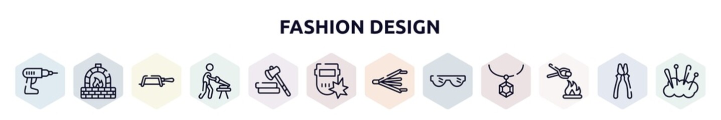 Wall Mural - fashion design outline icons set. thin line icons such as hand drill, kiln, fretsaw, carpenter, lumberjack, weld, bellows, eye protection, furnace icon.