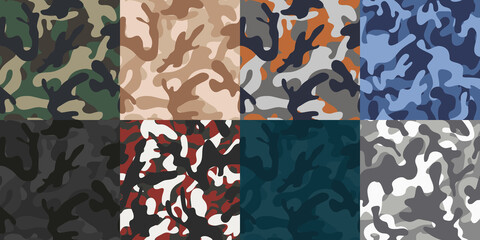 Vector Camo Seamless Texture Set. Military Camouflage Collection. Repeats Seamless Army, Hunting Green, Brown, Blue, Black, White Pattern