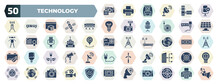 Set Of 50 Filled Technology Icons. Glyph Icons Such As Camera And Heart Picture, Microphone Mute, Air Direction, Microphone Interface, Science Fiction, International Call, Ecologic Electricity,