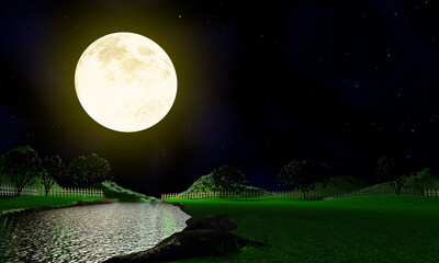 Wall Mural - Full moon in the sky and stars, meadows with canals or rivers. Full moon night view of the meadow. 3D rendering