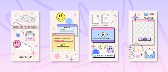 Wall Mural - Stories or post template, retro browser computer window in 90s vaporwave with geek stickers. Y2k aesthetic background for social media, with pc message boxes, UI, UX elements. Vector illustration