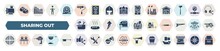 Set Of 40 Filled Sharing Out Icons. Glyph Icons Such As Dynamo, Roller Paint, Factories, Tool Box, Bulldozer, Waffle, Nail Gun, Hand Gesture, Coal Vector.