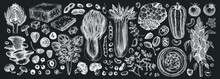 Vegan Food Illustrations Set On Chalkboard. Healthy Food Illustrations Collection. Hand Drawn Vegan Meals And Ingredients For Menu, Recipe, Packaging. Vegan Food, Nuts, Seeds, Fruits, Veggies Ketches