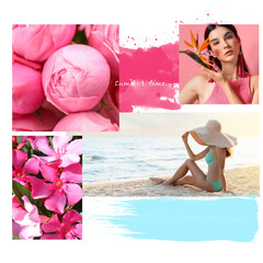 Poster - Summer collage with young women in swimsuit and with beautiful flowers on white background