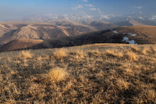 Mountain Landscape With Tufts Of Dry Grass On A Hillside And Snow-capped Peaks, Caucasus, Russia