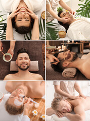 Sticker - Collage with handsome men relaxing in spa center