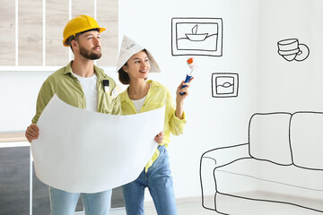 Poster - Young couple with house plan imaging new design of living room