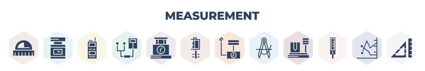filled measurement icons set. glyph icons such as small angle ruler, scale measurement, laser meter, nanometer, chronometer running, cuttin wrench, mini scale, protractor, fever measuring,