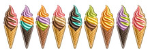 Vector Ice Cream Set, Lot Collection Of 9 Cut Out Different Illustrations Of Realistic Refreshing Ice Creams, Horizontal Banner With Whipped Milk Icecreams In Waffle Cones In A Row On White Background