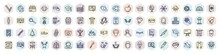 Set Of Education Web Icons In Outline Style. Thin Line Icons Such As School Material, Invitation, Merit, Earth Globe, Crayon, Abc, Three Musketeers, Manuscript, Test Tubes Icon.