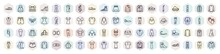 Set Of Clothes Web Icons In Outline Style. Thin Line Icons Such As Sleepers, Knit Hat With Pom Pom, Leather Derby Shoe, Platform Sandals, Slit Skirt, Slim Fit Pants, Peplum Top, Jersey Blazer,