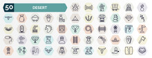Set Of Desert Web Icons In Outline Style. Thin Line Icons Such As Scarab, Noose, Alcohol Bottle, Cowboy Hat, Horse, Dream Catcher, Saddle, Desert Landscape, Desert Tree, Salty Icon.