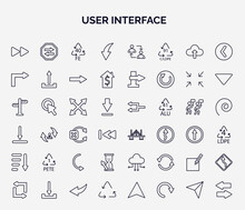 Set Of User Interface Web Icons In Outline Style. Thin Line Icons Such As Forward Button, Curve Arrow, Turn Right Arrow, Expand Button, Bridge, 1 Pete, Wait Cursor, Make, Recycable Icon.