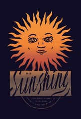 Wall Mural - Sunshine in the ocean. Vintage sun with beautiful face label on the evening ocean background.