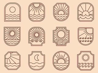 Poster - set of Ocean Sun Wave badge Logo icon line art Design illustration