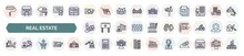 Set Of Real Estate Icons In Outline Style. Thin Line Icons Such As Paint Roll, Technical Drawing, Mailbox, Neighborhood, Moving Truck, House Decoration, Buy, House Key, Agent Icon.