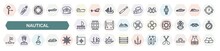 Set Of Nautical Icons In Outline Style. Thin Line Icons Such As Boat Engine, Tanker Ship, Aqualung, Wood Raft, Propeller, Sea Flag, Buoy, Nautical Map, Air Tank Icon.