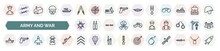 Set Of Army And War Icons In Outline Style. Thin Line Icons Such As Officer, Shoulder Strap, Militar In, Explosive, Soldier, Warship, Jet, Chevrons, Bomb Icon.