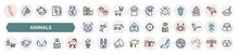 Set Of Animals Icons In Outline Style. Thin Line Icons Such As Pawprints, Documentary, App Bug, Japanese Cat Head, Fish Shop, Walking Dog, Wing, Boho, Animal Testing Icon.