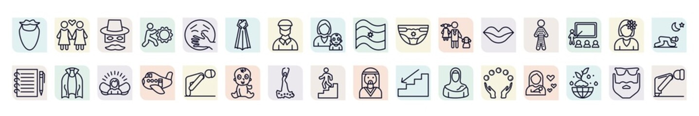 set of people icons in outline style. thin line icons such as facial hair, zorro, korean, baby with diaper, hairy, cape, aviation, spanish woman, juggling ball icon.