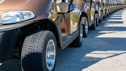 Wall Mural - A row of electric golf carts on a golf course.