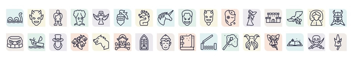 set of fairy tale icons in outline style. thin line icons such as loch ness monster, giant, knight, evil, castle, shipwreck, hydra, stained glass, cthulhu icon.