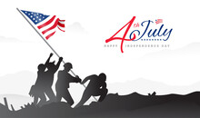 Raising The American Flag On Iwo Jima, 4th Of July Independence Day Banner Background. Promotional Advertising Banner Template For Background, Poster, Or Banner. Vector Illustration.