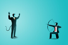 Vector Illustration Of Business Concept, A Businessman Aiming Other Evil Businessman With Bow And Arrow