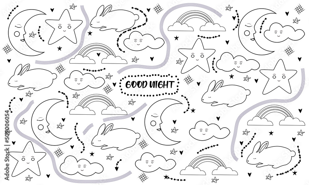 Cute sky pattern. Seamless vector design with smiling, sleeping moon ...