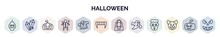 Set Of Halloween Web Icons In Outline Style. Thin Line Icons Such As Lanterns, Crystals, Pumpkin Lantern, Doll, Halloween Ghost, Vampire Teeth, Halloween Bag, Ghosts, Clown Smile Icon.