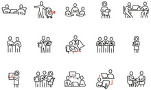 Vector Set Of Linear Icons Related To Business Meeting, Discussion, Relationship And Negotiation. Mono Line Pictograms And Infographics Design Elements