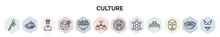 Set Of Culture Web Icons In Outline Style. Thin Line Icons Such As Native American Spear, Beijing Roast Duck, Nefertiti, Goat Cheese, Beef And Garlic, Wontons, Imperial Carp, Surfing A Sea Turtle,