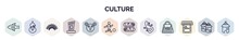Set Of Culture Web Icons In Outline Style. Thin Line Icons Such As Marine Fish, Kalabas, Indian Headdress, Kankles, Australian Koala, Brazil Soccer Player, Egg Roll, Gecko Top View Shape, Food