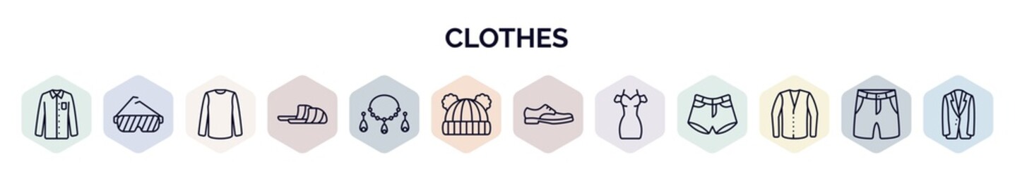 set of clothes web icons in outline style. thin line icons such as formal shirt, shutter sunglasses, long sleeves t shirt, sleepers, jewelry, knit hat with pom pom, leather derby shoe, drees, cotton