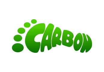 Carbon footprint typographic design. Green letters in a shape of a foot. Net zero emission. CO2 greenhouse gas pollution. Carbon neutrality. Nature protection. Vector illustration, flat, clip art. 