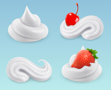 Whipped Cream, Sweet Cream, Cherries And Strawberries, Vector Set